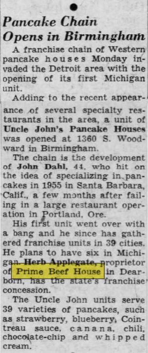 Prime Beef House - July 1961 Article On Uncle Johns Pancakes
